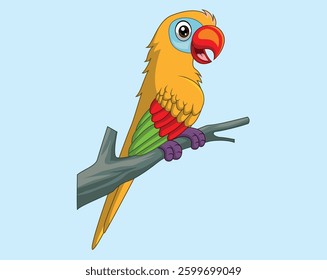 Cartoon funny macaw on tree branch vector illustration