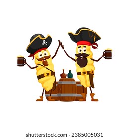 Cartoon funny Malloreddus italian pasta pirate and corsair characters. Isolated vector jolly noodle personages sporting beards and tricorn hats, enjoy sipping rum with a mischievous grin and high-five