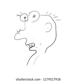 Cartoon, funny man, man with big eyes, outline sketch drawing by hand vector illustration