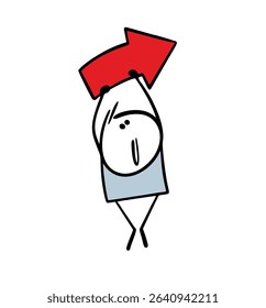 Cartoon funny man draws attention to important information by holding a large red arrow over his head. Vector illustration of doodle stickman and the direction to the right, the turn sign.