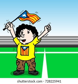 Cartoon of a Funny man holding Catalonia flag along sideline football field-Vector Illustration