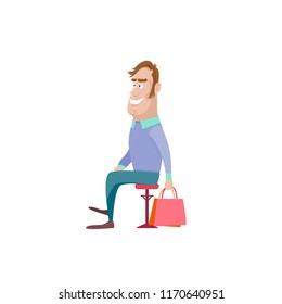 Cartoon funny man in the shop, man with shopping package, flat cartoon vector illustration isolated on white background, character cartoon man
