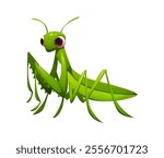 Cartoon funny mantis insect character features a vibrant green body and expressive large eyes. Isolated vector praying mantid bug or Mantis religiosa pest. Wildlife predator natural creature