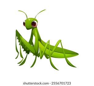 Cartoon funny mantis insect character features a vibrant green body and expressive large eyes. Isolated vector praying mantid bug or Mantis religiosa pest. Wildlife predator natural creature