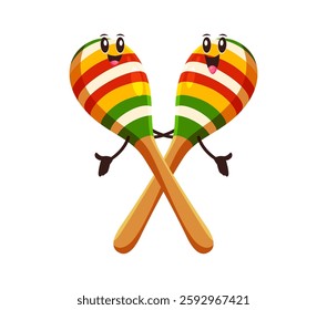 Cartoon funny maracas musical instrument characters. Isolated vector traditional Mexican music personages holding hands and dancing during fiesta holiday or Cinco de Mayo Latin party celebration