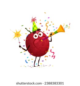 Cartoon funny maracuya, passion fruit character on birthday party, anniversary holiday celebration. Cheerful tropical fruit vector personage with fireworks sparkler and horn on birthday holiday