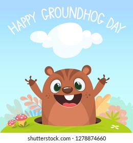 Cartoon funny marmot looking out of a burrow in the ground on a spring background with bushes, grass and flowers. Happy Groundhog day