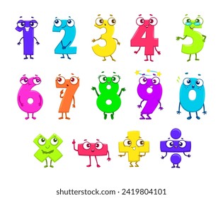 Cartoon funny math number characters. Cute funny one, two, three, four and five. Six, seven, eight nine or zero. Multiply and divide, plus or minus isolated vector mathematics signs set