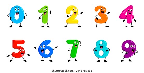 Dibujos animados divertidos caracteres de números de matemáticas para niños matemáticas o cumpleaños, vector kawaii. Números sonrientes felices y dígitos numéricos con cara para educación de álgebra o emoticono aritmético y emoticonos numéricos