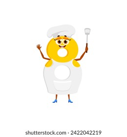 Cartoon funny math number eight chef character with a taste for education. Isolated vector yellow digit personage, donning a toque hat and apron, wields a spatula, adds flavor to mathematics recipes