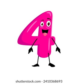 Cartoon funny math number four character. Isolated vector whimsical digit 4 personage with a wide grin, googly eyes and limbs. Hilarious pink numeric symbol brings laughter to equations and education