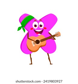 Cartoon funny math number multiplication sign character. Isolated vector whimsical cross symbol personage with smiling face, round eyes, and a mischievous grin, wearing bandana and playing on guitar