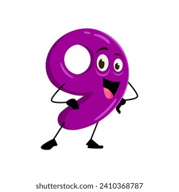 Cartoon funny math number nine character. Isolated vector cute, quirky anthropomorphic 9 creature with googly eyes, a mischievous grin, and a penchant for playful antics and unexpected adventures