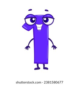 Cartoon funny math number one character. Mathematics cute numeric symbol, arithmetic number isolated vector cheerful personage. School math, kids education 1 digit funny character