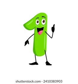 Cartoon funny math number one character. Isolated cute vector playful and charming digit 1 personage with green body, exuding confidence, positivity and quirky charm, showcasing a pointing gesture