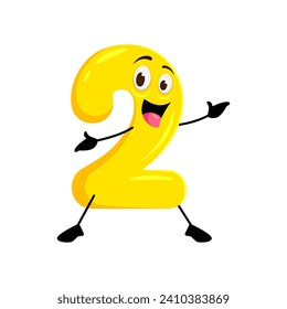 Cartoon funny math number two character with yellow rounded body, smile and 2 big eyes. Isolated vector educational playful and cheerful personage for kids preschool education, game or fun learning