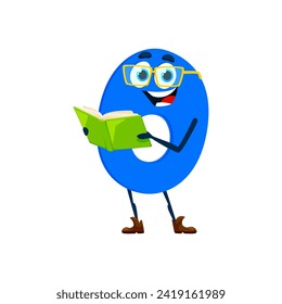 Cartoon funny math number zero character. Isolated vector school numeral 0 personage featuring playful smiling face and glasses, engrossed in reading book, learning educational materials or lesson