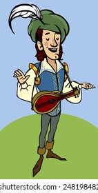 Cartoon Funny Medieval Bard With A Lute. Vector Illustration