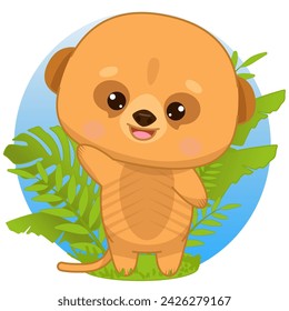 A cartoon funny meerkat stands and waves its paw in green leaves. Suritate in kawaii style. Kawaii meerkat. Vector illustration for stickers, cards, posters, banners. Children s illustration.