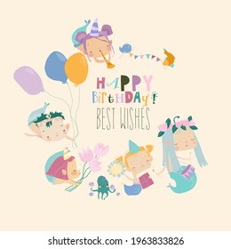 Cartoon Funny Mermaids with Fishes celebrating Birthday