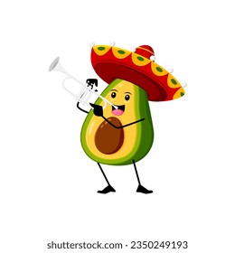 Cartoon funny mexican avocado character in sombrero hat playing a trumpet. Isolated vector amusing tropical fruit mariachi musician personage perform musical concert with a playful twist