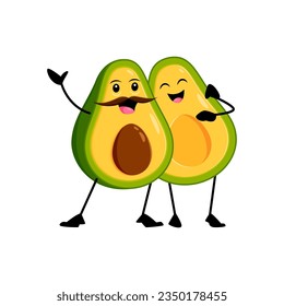 Cartoon funny mexican avocado couple characters with smiling faces, showcasing their love and unity in a fun and charming way. Isolated vector male and female halves hugging and exude tenderness