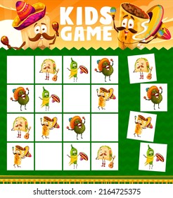 Cartoon funny mexican food characters, sudoku kids game. Vector riddle with tacos, pepper, avocado and chimichanga personages with instruments on chequered board. Educational task, children boardgame svg