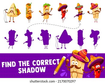 Los graciosos personajes de la comida mexicana de dibujos animados encuentran la hoja de cálculo del vector del juego de la sombra correcta. Concurso de rompecabezas de ex-mex o acertijo infantil, juego de memoria de burrito mexicano, taco, pimienta chile y quesadilla con sombrero