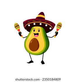 Cartoon funny mexican mariachi avocado character with maracas wearing sombrero hat. Isolated vector latino artist tropical fruit personage perform musical concert during fiesta holiday celebration