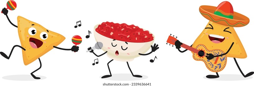 Cartoon funny mexican nachos chips, set of Cute characters, Isolated on white background