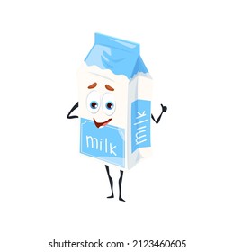 Cartoon Funny Milk Character, Dairy Food And Drink With Cute Happy Face, Vector Personage. Milk Pack Emoji With Kawaii Smile And Thumb Up Gesture, Kids Comic Personage For Package