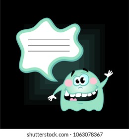 Cartoon funny mint color monster, microbe, alien, bacteria with clear badge. Vector illustration