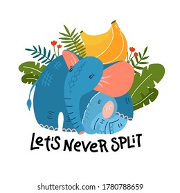 Caricatura divertida mamá elefante con hojas de bebé y banana. Un animal lindo, gracioso, un personaje de elefante con banana usada para libros, afiches, páginas web. Ilustración vectorial plana. Dejar que nunca nos separemos