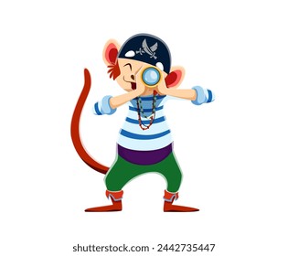 Cartoon funny monkey animal pirate seaman character with spyglass. Isolated vector ape sailor personage with mischievous grin, cocked hat and striped vest, peers through spyglass, searching treasures