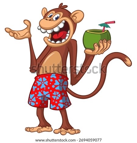 Cartoon funny monkey chimpanzee in bahama short holding green coconut cocktail. Vector illustration isolated on white
