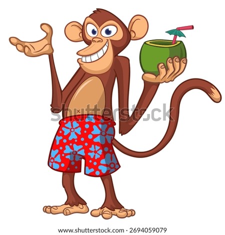 Cartoon funny monkey chimpanzee in bahama short holding green coconut cocktail. Vector illustration isolated on white