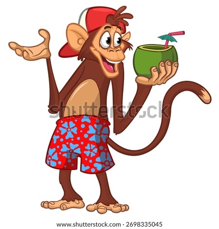 Cartoon funny monkey chimpanzee in bahama short holding green coconut cocktail. Vector illustration isolated on white