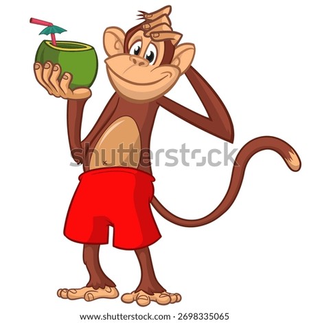 Cartoon funny monkey chimpanzee in bahama short holding green coconut cocktail. Vector illustration isolated on white