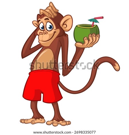 Cartoon funny monkey chimpanzee in bahama short holding green coconut cocktail. Vector illustration isolated on white