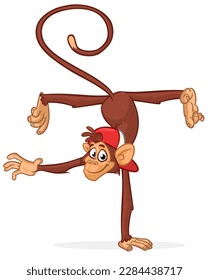 Cartoon funny monkey chimpanzee balancing on one hand or doind flip acrobatic handstand. Vector illustration of happy monkey character design