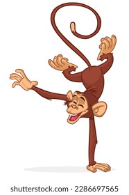 Cartoon funny monkey chimpanzee balancing on one hand or doind flip acrobatic handstand. Vector illustration of happy monkey character design