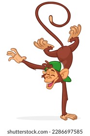 Cartoon funny monkey chimpanzee balancing on one hand or doind flip acrobatic handstand. Vector illustration of happy monkey character design