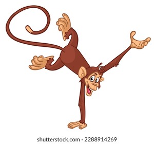 Cartoon funny monkey chimpanzee balancing on one hand or doind flip acrobatic handstand. Vector illustration of happy monkey character design