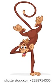 Cartoon funny monkey chimpanzee balancing on one hand or doind flip acrobatic handstand. Vector illustration of happy monkey character design