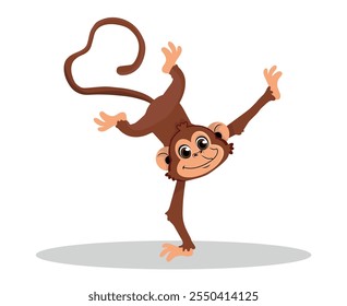 Divertido mono chimpancé de dibujos animados que equilibra en una mano o acrobático voltear acrobático handstand. Ilustración vectorial de diseño de personajes de mono feliz.