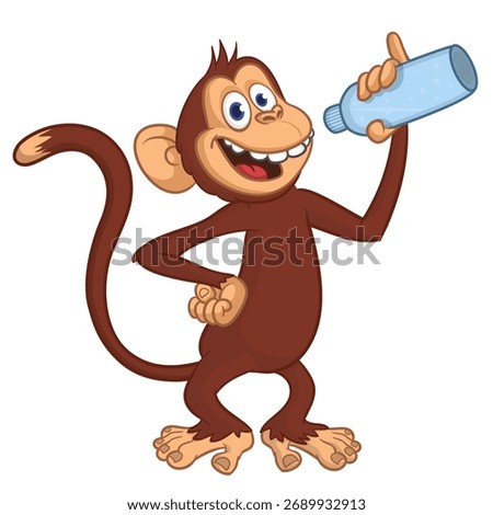 Cartoon funny monkey chimpanzee drinking water from the bottle. Vector illustration isolated on white