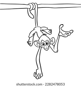 Cartoon funny monkey chimpanzee hanging upside down on a tree branch outlined