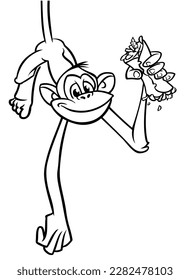 Cartoon funny monkey chimpanzee hanging upside down on a tree branch outlined
