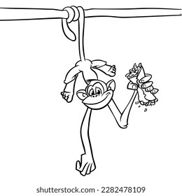 Cartoon funny monkey chimpanzee hanging upside down on a tree branch outlined