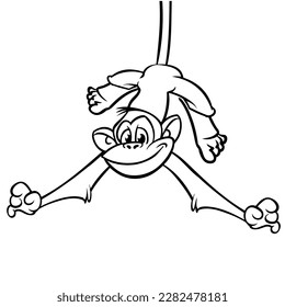 Cartoon funny monkey chimpanzee hanging upside down on a tree branch outlined